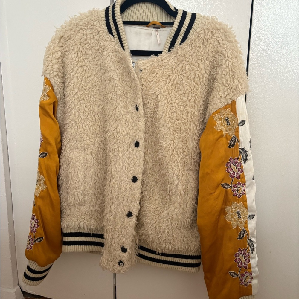 Free People Embroidered Sherpa Varsity Jacket